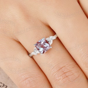 Alexandrite Engagement Ring, Cushion Cut Alexandrite Ring, Vintage Color Change Ring Women, Leaf Moissanite Ring, Cluster Ring White Gold