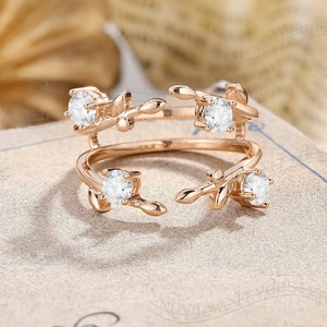 Round Moissanite Wedding Band, Enhancer Wedding Ring, Leaf Ring Rose Gold, Branch Ring, Vine Ring, Stacking Ring, Antique Ring, Unique Ring