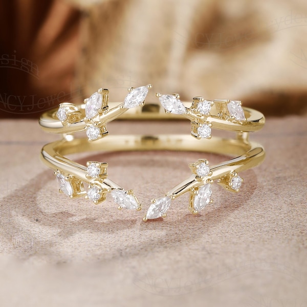 Vintage Enhancer Wedding Band Leaf Moissanite Ring Unique Moissanite Wedding Ring Leaf Branch Ring Match Wedding Ring Yellow Gold Ring
