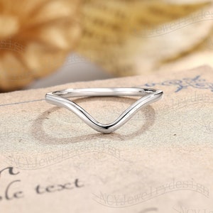 Simple Wedding Band White Gold, Plain Curved Wedding Band, Gold Chevron Ring, Nesting Band, Stackable Wedding Band For Women