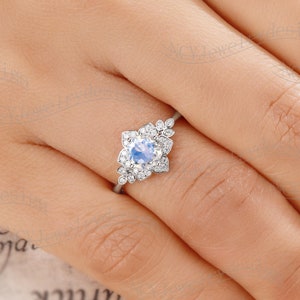 Floral Moonstone Engagement Ring, Moonstone Cluster Ring, Lotus Ring White Gold, Halo Diamond Ring, Art Deco Snowflake Ring