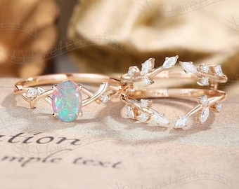 Vintage Oval Opal Engagement Ring Set Enhancer Ring Twig Branch Ring Rose Gold Ring Twisted Ring Unique Bridal Anniversary Promise Ring