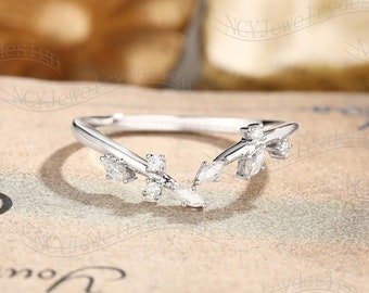 Leaf Moissanite Wedding Band Vintage Branch Wedding Ring White Gold Matching Twig Wedding Ring