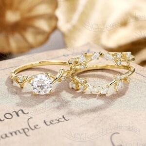 Leaf Moissanite Engagement Ring Set, Twisted Moissanite Ring Yellow Gold, Floral Enhancer Ring, Twig Branch Ring, Nature Inspired Ring Set