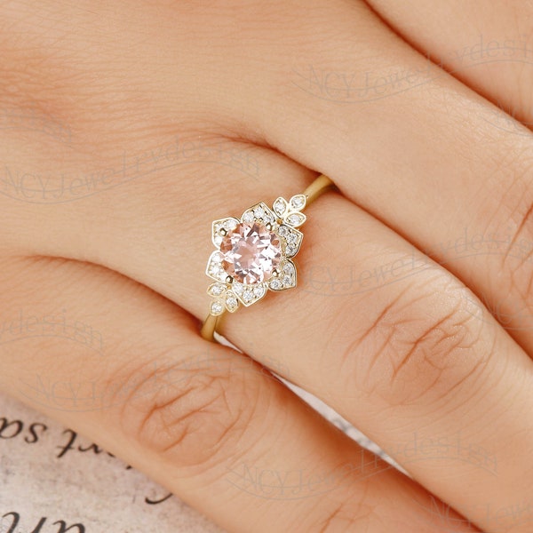 Flower Morganite Engagement Ring, Vintage Morganite Ring, Round Morganite Ring, Dainty Moissanite Ring, Nature Inspired Ring