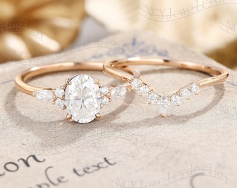 Oval Moissanite Engagement Ring Set, Cluster Moissanite Ring, Marquise Diamond Ring, Curved Band Rose Gold, Dainty Moissanite Ring