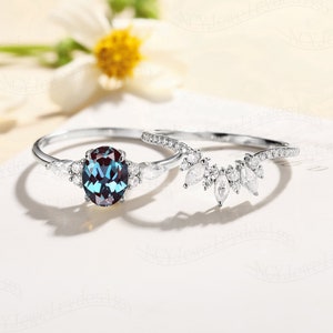 Unique Alexandrite Engagement Ring Set Curved Band Cluster Diamond Ring Pear cut Alexandrite Ring Marquise Diamond Ring Promise Ring For Her