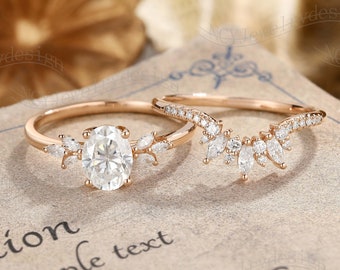 Vintage Moissanite Engagement Ring Set, Oval Moissanite Ring, Cluster Moissanite Ring, Crown Curved Ring, Marquise Diamond Ring Rose Gold