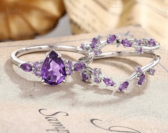 Vintage Amethyst Engagement Ring Set, Purple Amethyst Ring, Pear Ring White Gold, Leaf Enhancer Ring, Cluster Ring, February Birthstone Ring