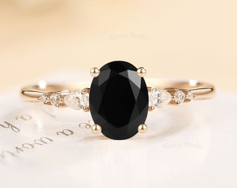 Black Onyx Engagement Ring Unique Oval cut Ring Anniversary Ring Vintage Ring Pear Diamond Promise ring Stacking Solid Rose gold Ring