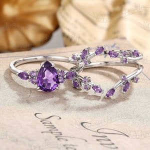 Vintage Amethyst Engagement Ring Set, Purple Amethyst Ring, Pear Ring White Gold, Leaf Enhancer Ring, Cluster Ring, February Birthstone Ring