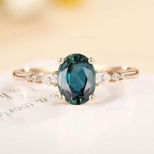 Teal Sapphire Engagement Ring, Blue Green Sapphire Ring, Oval Sapphire Ring Rose Gold, Pear Moissanite Ring, Dainty Diamond Ring