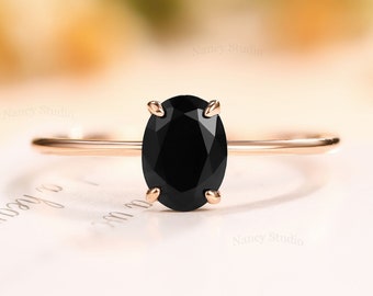 Oval Black Onyx Engagement Ring, Solitaire Onyx Ring, Vintage Ring Rose Gold, Antique Promise Ring, Anniversary Ring, Handmade Ring