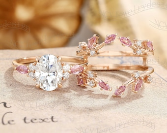 Art Deco Moissanit Verlobungsringe, Ovaler Moissanit Ring, Pink Saphir Verlobungsring Rosegold, Blatt Ast Ring Set