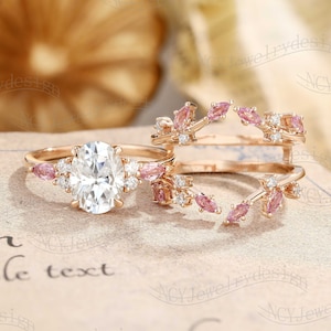 Art Deco Moissanite Engagement Ring Set, Oval Moissanite Ring, Pink Sapphire Enhancer Ring Rose Gold, Leaf Branch Ring Set