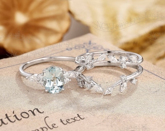 Vintage Aquamarine Engagement Ring Set, Oval Aquamarine Ring, Leaf Enhancer Ring, Floral Twig Ring, Branch Ring White Gold Set
