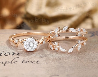 Twig Moissanite Engagement Ring Set , Vintage Leaf Moissanite Ring, Branch Enhancer Ring, Rose Gold Twisted Ring, Promise Bridal Set