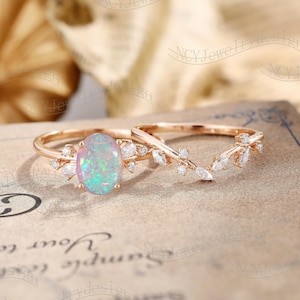 Twig Opal Engagement Ring Set, Leaf Opal Ring, Vine Opal Ring Rose Gold, Nature Inspired Dainty Ring, Unique Branch Ring Set