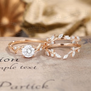 Twig Moissanite Engagement Ring Set , Vintage Leaf Moissanite Ring, Branch Enhancer Ring, Rose Gold Twisted Ring, Promise Bridal Set
