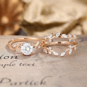 Twig Engagement Ring Set Nature Inspired Ring Moissanite Leaf Ring Branch Enhancer Ring Rose Gold Ring Promise Bridal Set