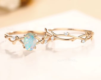 Oval Opal twig engagement ring Set Vintage rose gold Ring twisted ring anniversary Unique Bridal anniversary Ring moissanite Promise ring