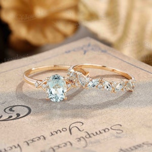 Oval Aquamarine Engagement Ring Set, Vintage Aquamarine Ring Rose Gold, Dainty Marquise Ring, Unique Aquamarine Ring Set