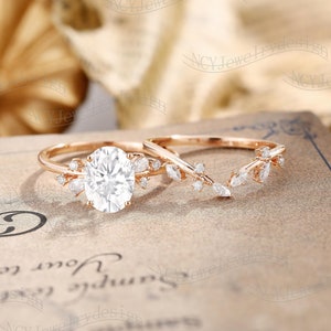 Leaf Moissanite Engagement Ring Set Nature Inspired Ring Branch Moissanite Ring Oval Moissanite Ring Rose Gold Vintage Twig Ring