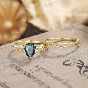 Natural Blue Green Sapphire Engagement Ring Set, Pear Teal Sapphire Ring, Twisted Moissanite Band, Woven Ring For Women, Unique Bridal Set