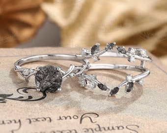 Black Rutilated Quartz Engagement Ring Set, White Gold Twig Ring, Round Enhancer Ring, Nature Inspired Ring Set