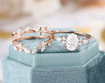 Oval Moissanite Engagement ring set Leaf Moissanite ring Vintage Enhancer Wedding Band Unique Diamond Cluster ring Anniversary ring