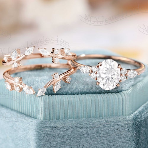 Oval Moissanite Engagement ring set Leaf Moissanite ring Vintage Enhancer Wedding Band Unique Diamond Cluster ring Anniversary ring