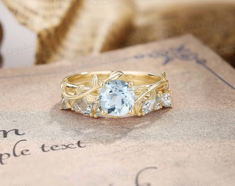 Nature inspired Aquamarine Engagement Ring Set, Flower Aquamarine Ring, Aquamarine Ring Leaf Yellow Gold