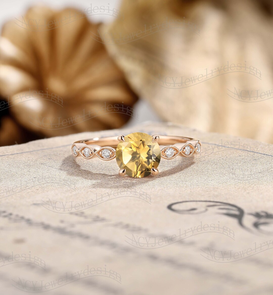 Art Deco Citrine Engagement Ring, Round Citrine Ring, Marquise Ring ...