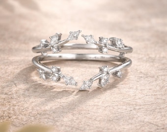 Nature Inspired Enhancer Wedding Band in White Gold, Marquise Moissanite Leaf Ring, Custom Bridal Enhancer