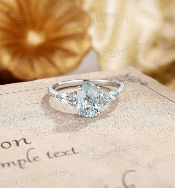 Oval Aquamarine Engagement Ring, Aquamarine Cluster Ring, Vintage White Gold Ring, Marquise Side Stone Ring for Women