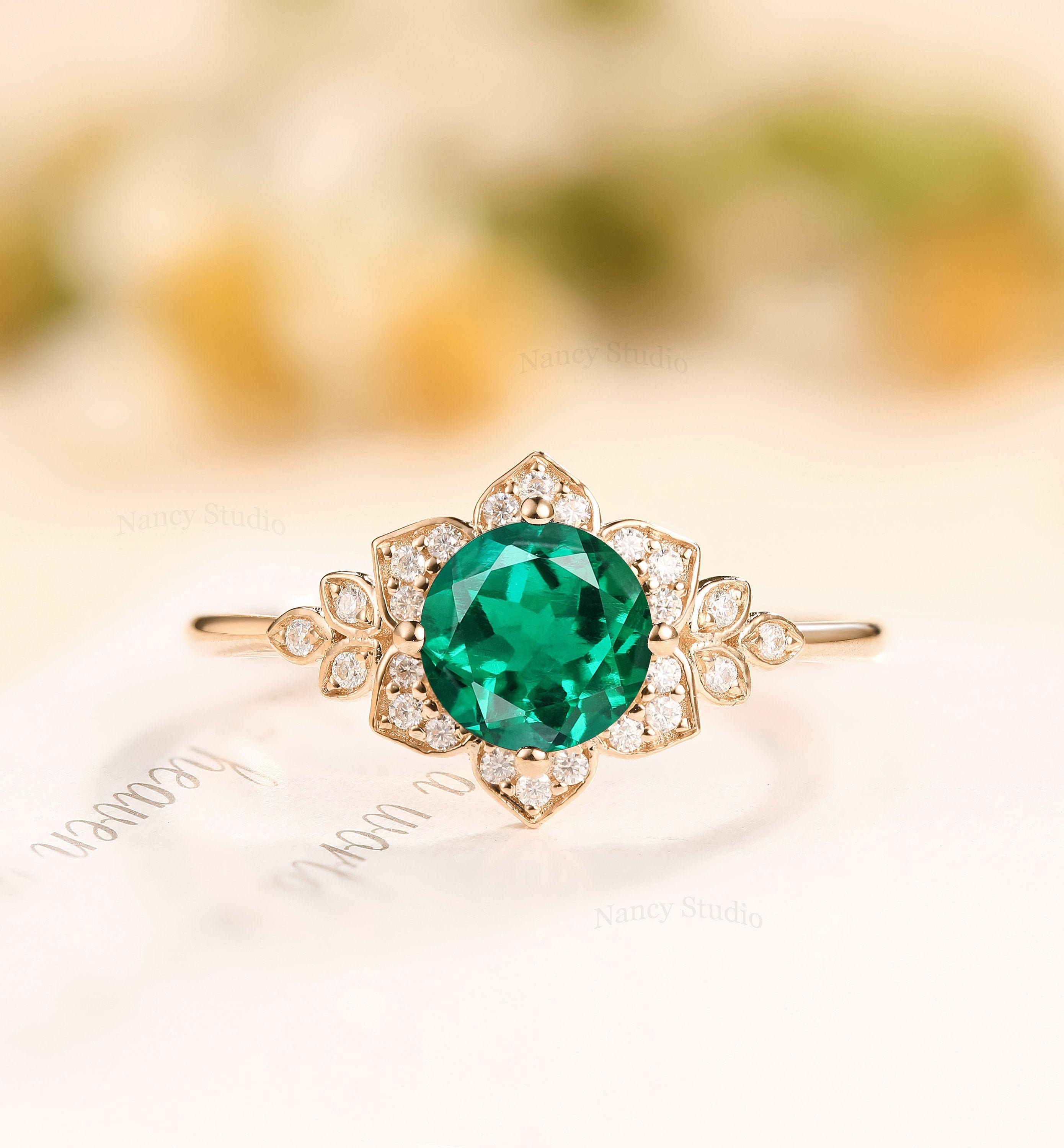 Vintage Flower Emerald Engagement Ring Antique Floral Emerald | Etsy