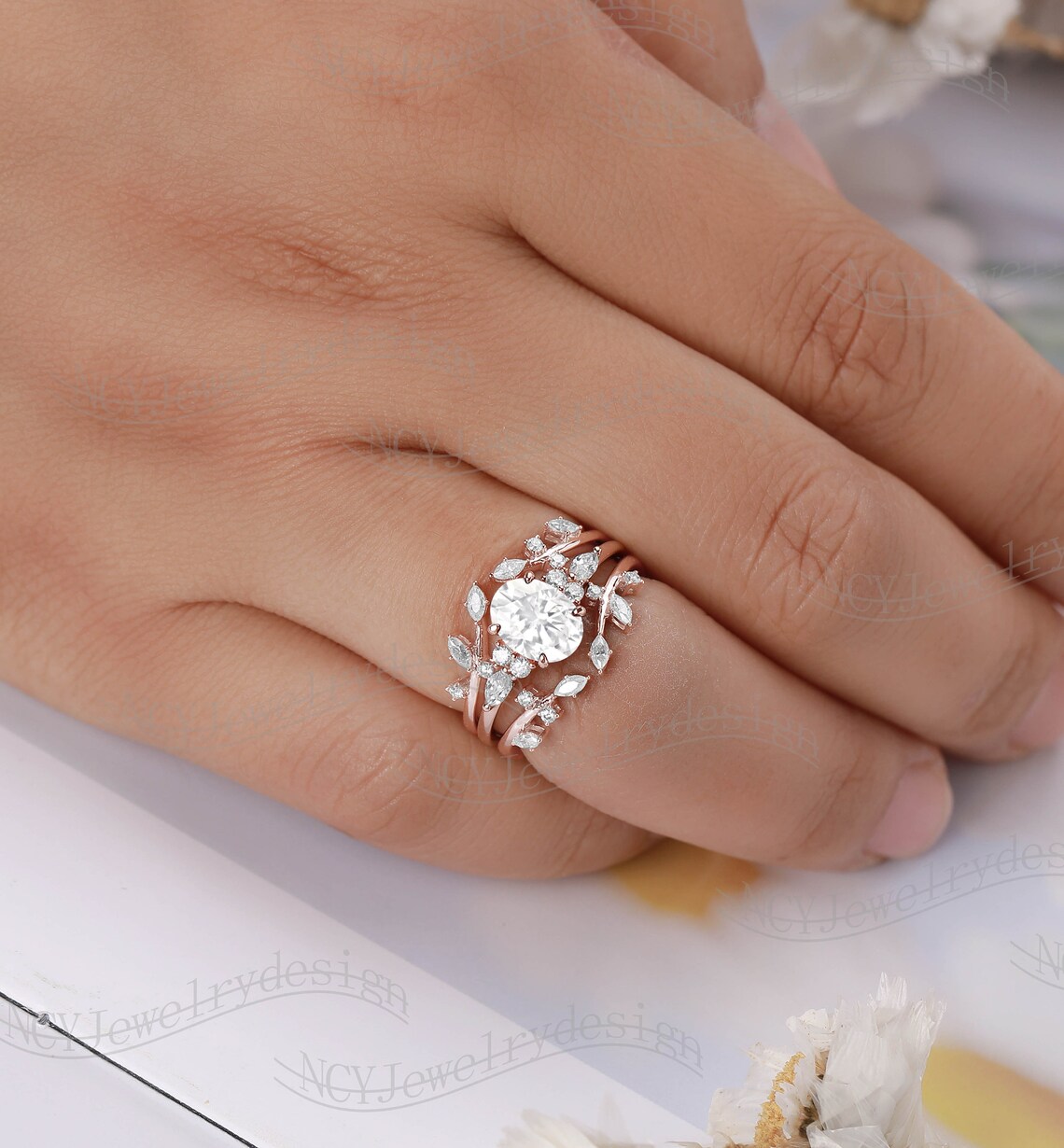 Oval Moissanite Engagement ring set Leaf Moissanite ring Etsy