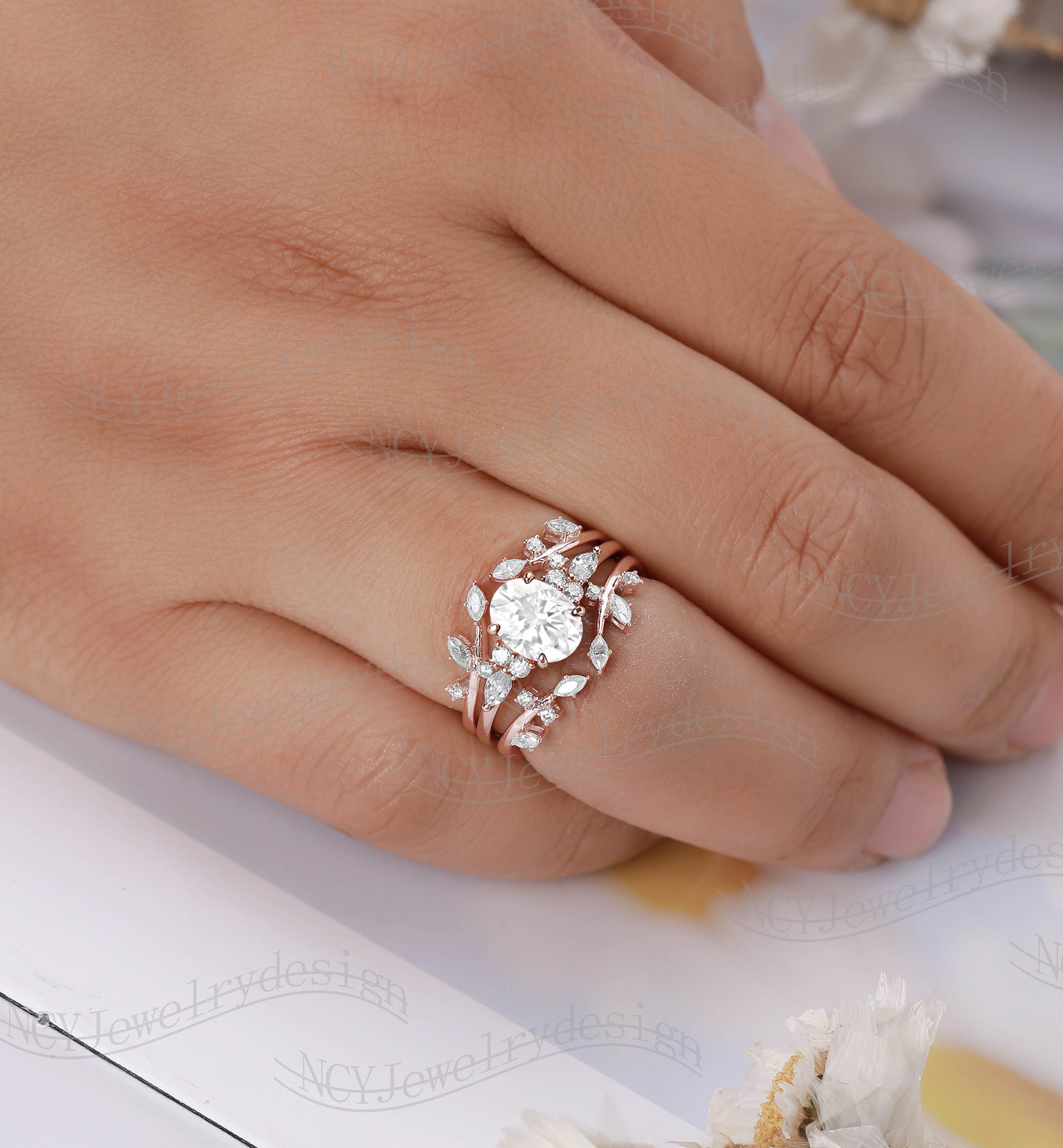 Oval Moissanite Engagement Ring Set Leaf Moissanite Ring Etsy