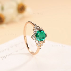 Vintage Flower Emerald Engagement Ring Antique Floral Emerald - Etsy