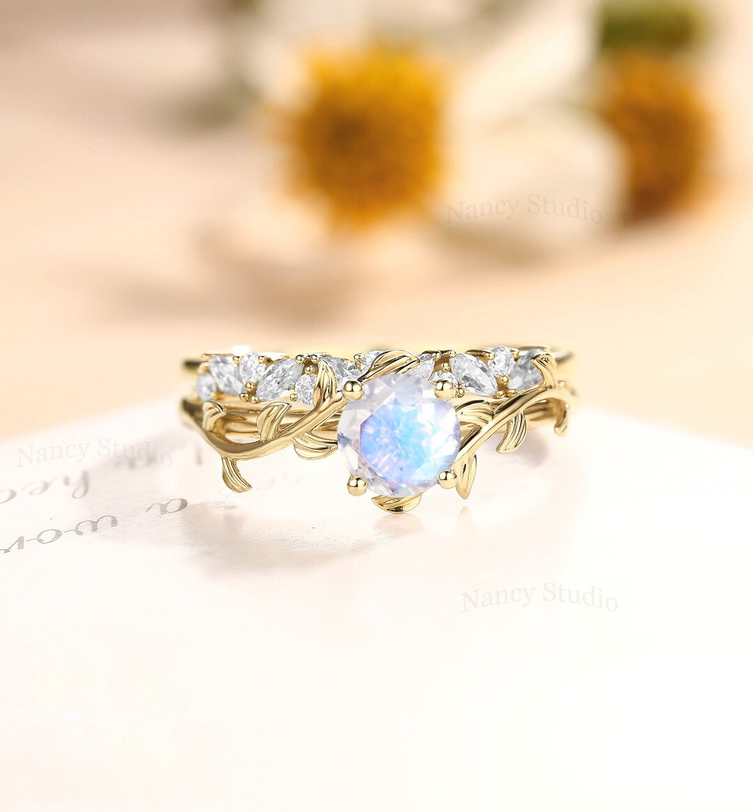 Vintage Leaf Flower Moonstone Engagement Ring Set Unique - Etsy