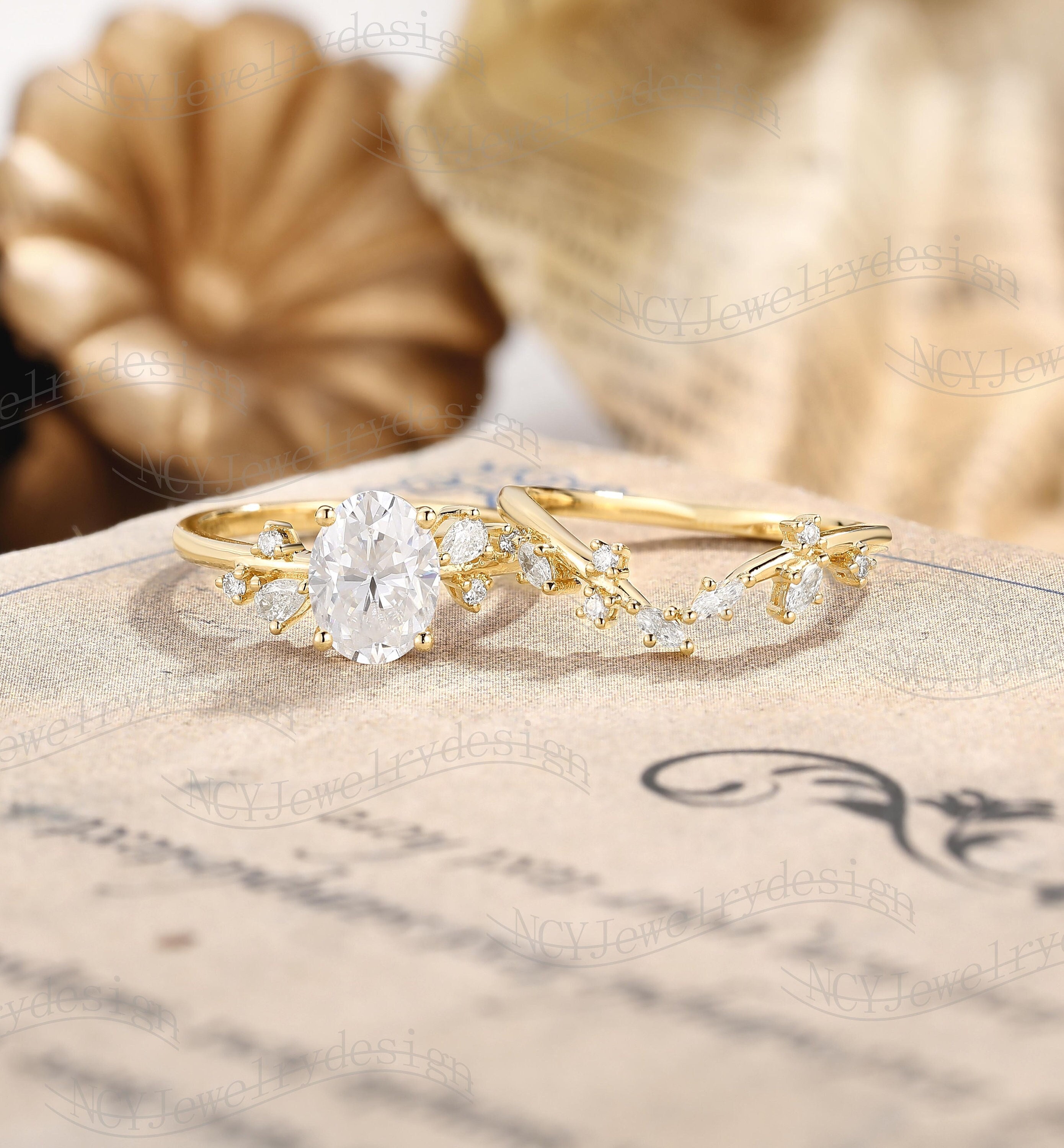 Oval Moissanite Engagement Ring Set, Art Deco Moissanite Ring, Leaf Ring Yellow Gold, Branch Ring, Twig Diamond Ring, Curved Stacking Ring