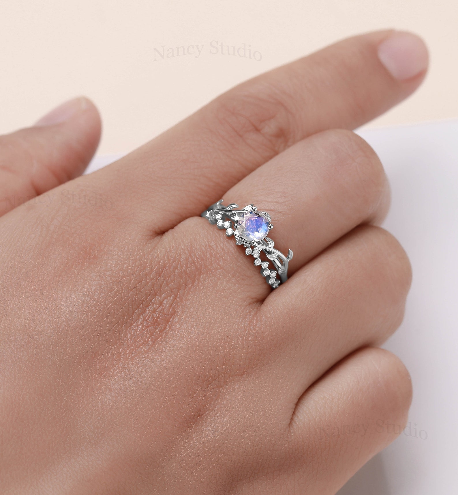 Vintage Leaf Moonstone Engagement Ring Set Alternative Unique Etsy