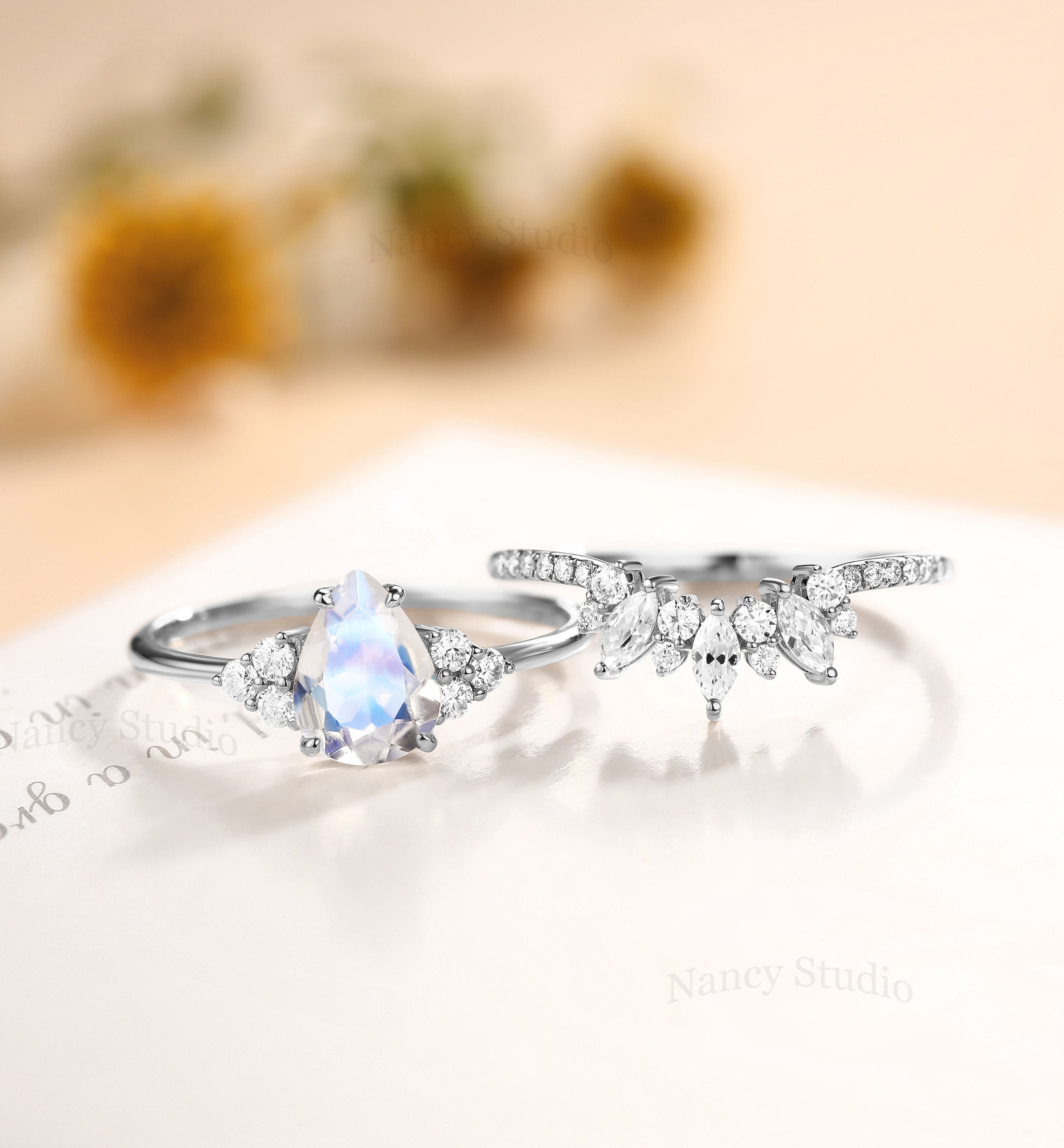Pear Moonstone Engagement Ring Set Cluster solid White gold anniversary Ring Vintage Unique Bridal Marquise moissanite/Diamond Promise ring