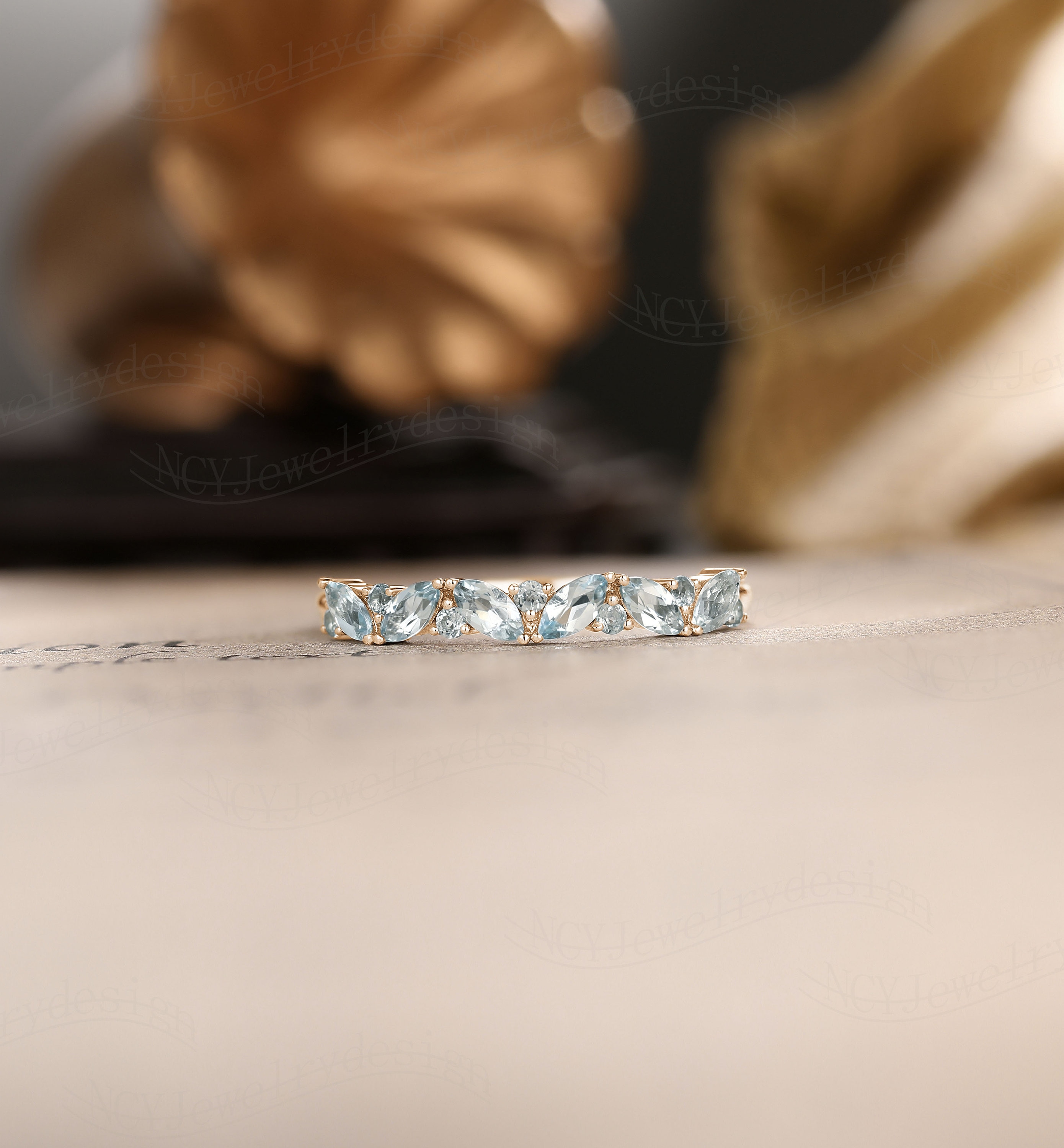 Marquise Wedding Band Vintage Aquamarine Wedding Ring Solid Rose Gold Aquamarine Band Matching wedding band for women