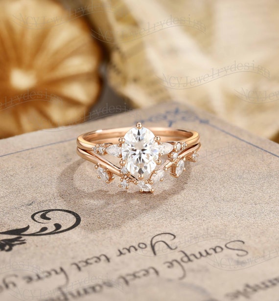 Vintage 1.0 ct Oval Cut Rose Quartz Engagement Ring Set Curved Moissanite Wedding Band