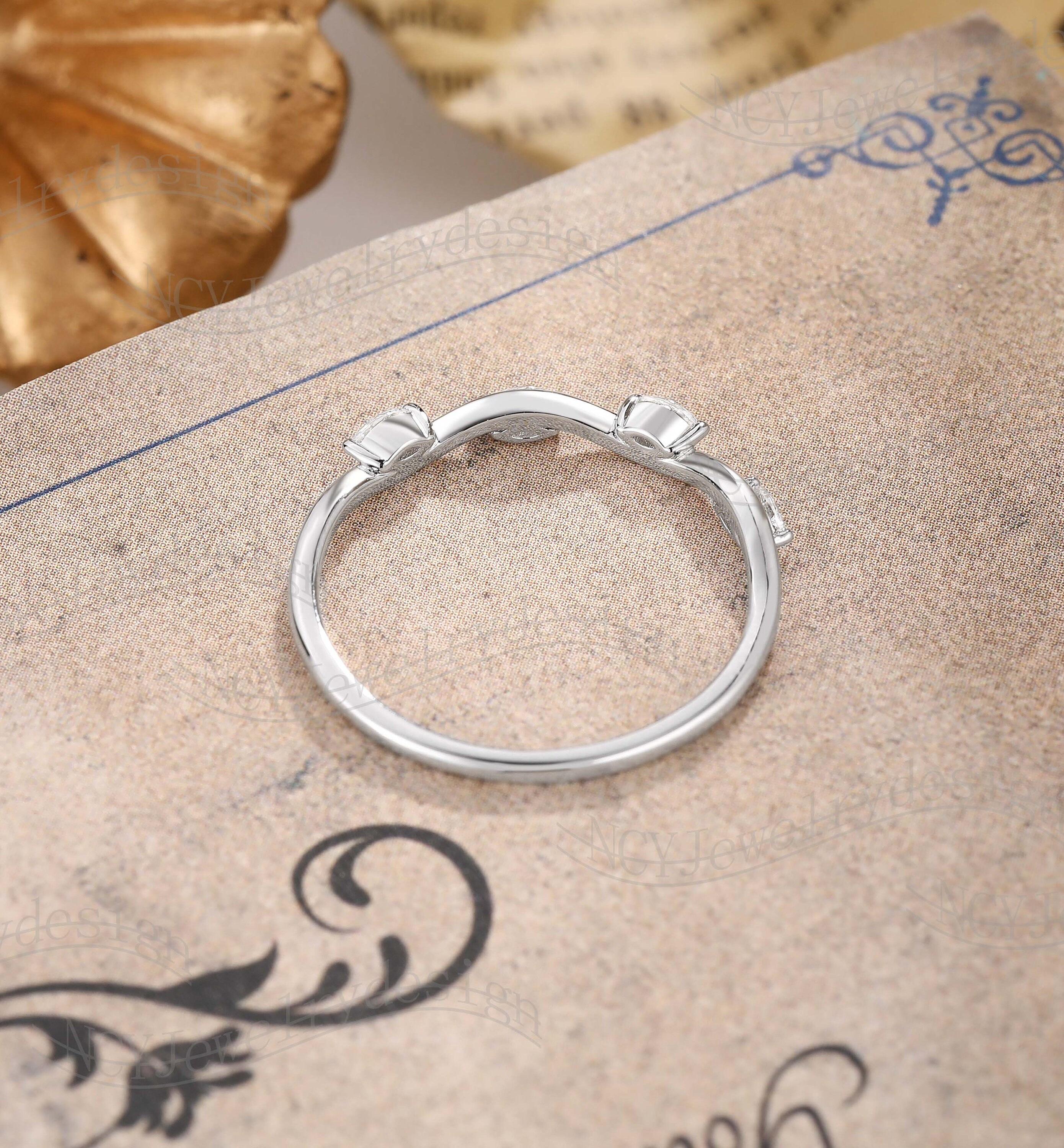 Leaf Moissanite Wedding Band, Delicate Marquise Ring White
