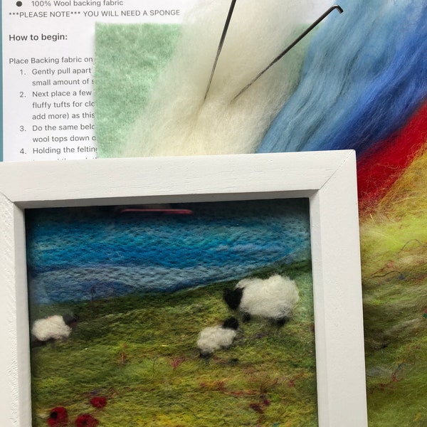 Craft kit felting make your own sheep in poppy field felt picture