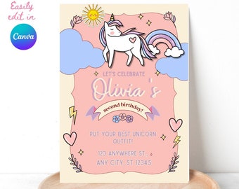 Colorful Unicorn Fairy Princess Kids Birthday Party Invitation Digital Edit Yourself Printable