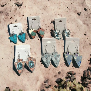 Cowhide Tooled Leather Turquoise Stone Moonstone Opal Drop Dangle Arrowhead Shaped Earrings