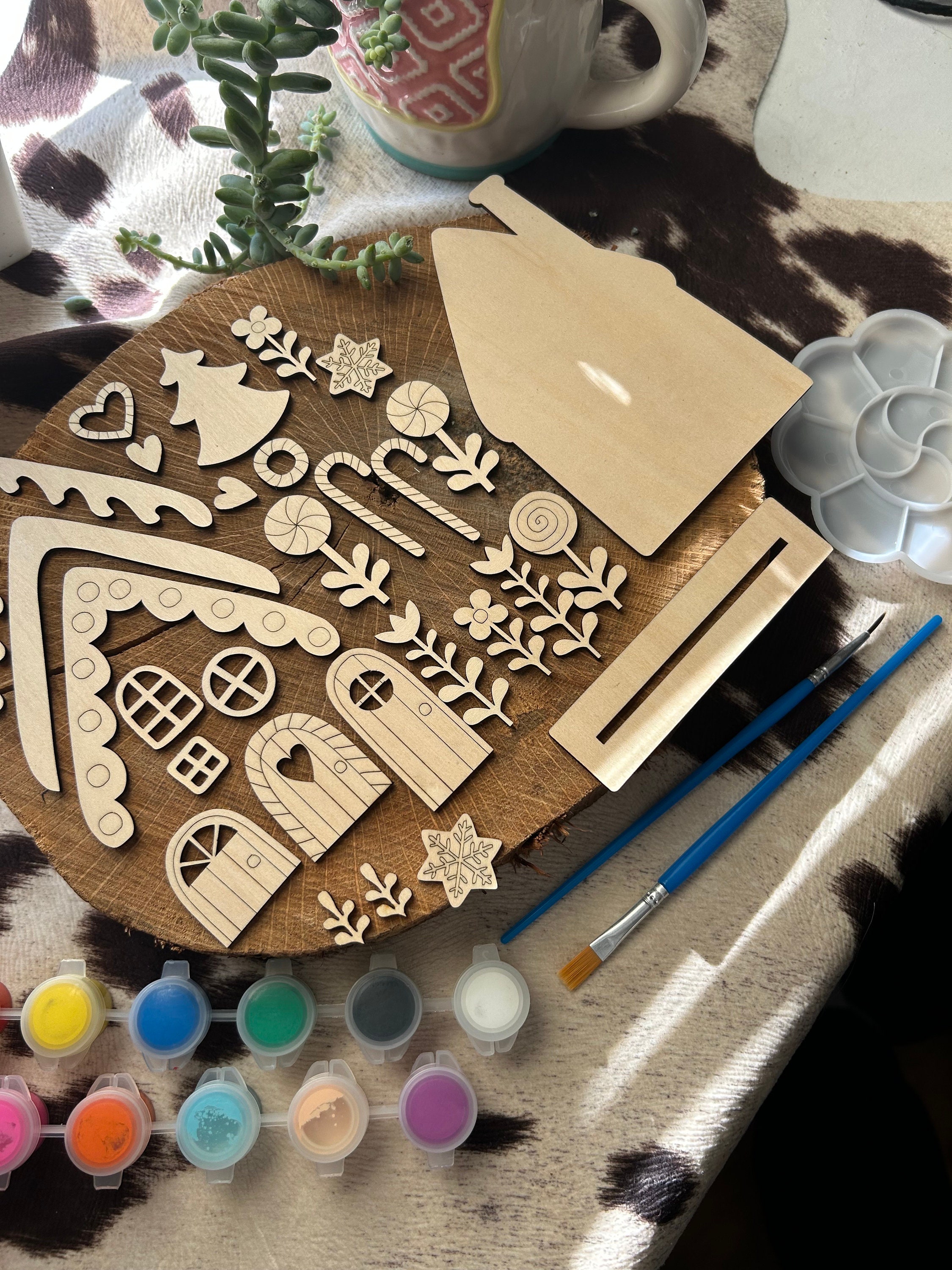 Kids Family's Wooden Gingerbread House Kit With Paint and…